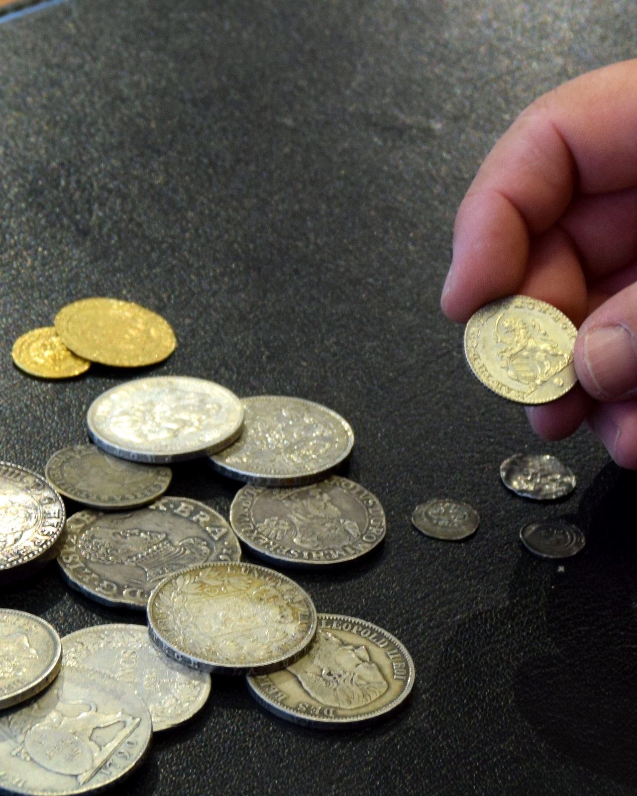 Een hand houdt een gouden munt op tijdens een taxatie, naast zilveren en gouden munten op een zwarte onderlegger